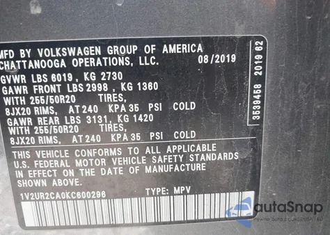 2019 Volkswagen Atlas 3.6L V6 Se W/Technology from USA, damaged, VIN 1V2UR2CA0KC600296